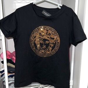 Versace Black Tee with Gold Medusa Emblem